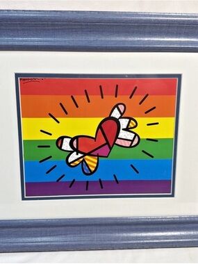 Romero Britto Pride Heart Framed Matted Print Rainbow Pop Art 15x18 SHIPS FAST